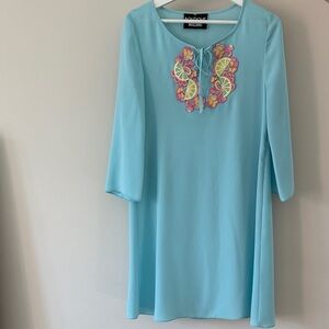 Pastel Blue Long Sleeve Dress with Floral Accents